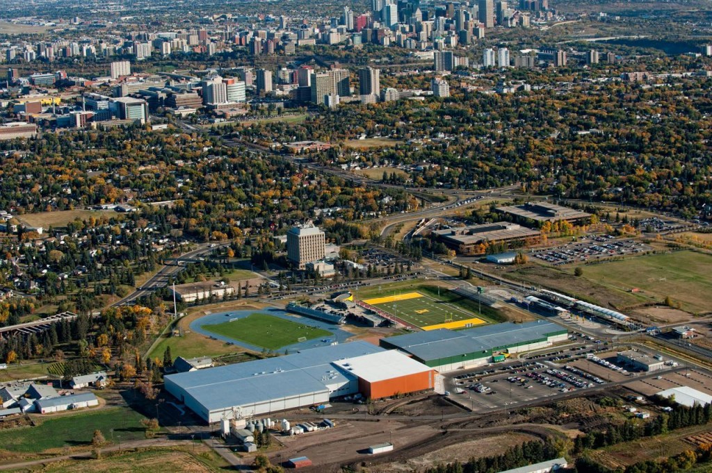 Aerial view of campus and surrounding neighbourhood. Image credit: University of Alberta